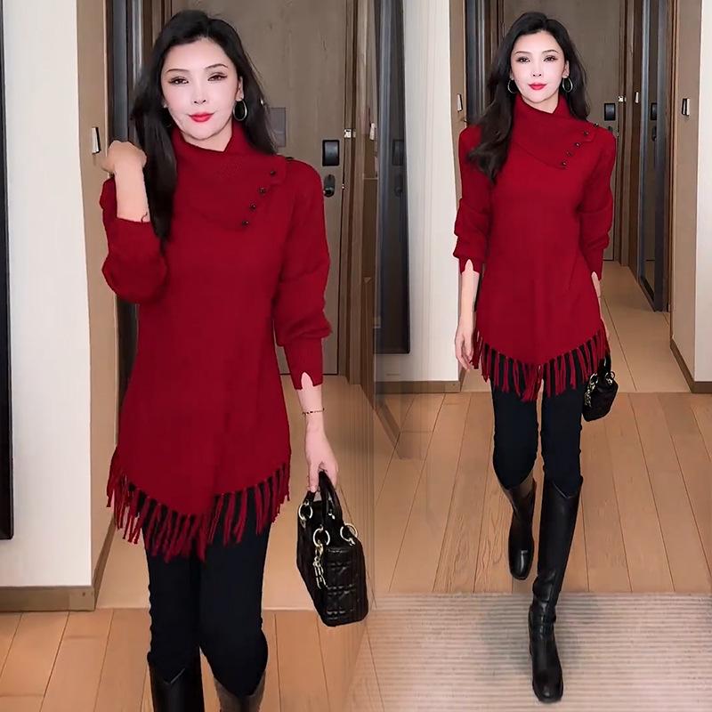 

Women s Chic High-Neck Knit Sweater: Autumn/Winter, Mid-Length, Tassels, Versatile, Trendy Design. XL (Weight 126-145 lbs) красный