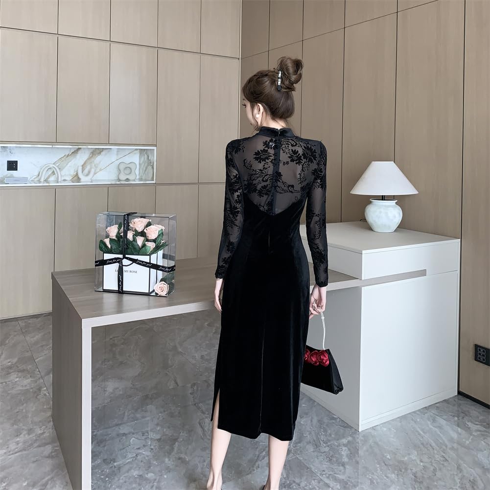 YONGO Long Cheongsam Chinese Black Elegant and Perfect for Weddings and Receptions Women's Dress, Style, Velvet, Stand-Up Collar, Stylish, (Size 6,
