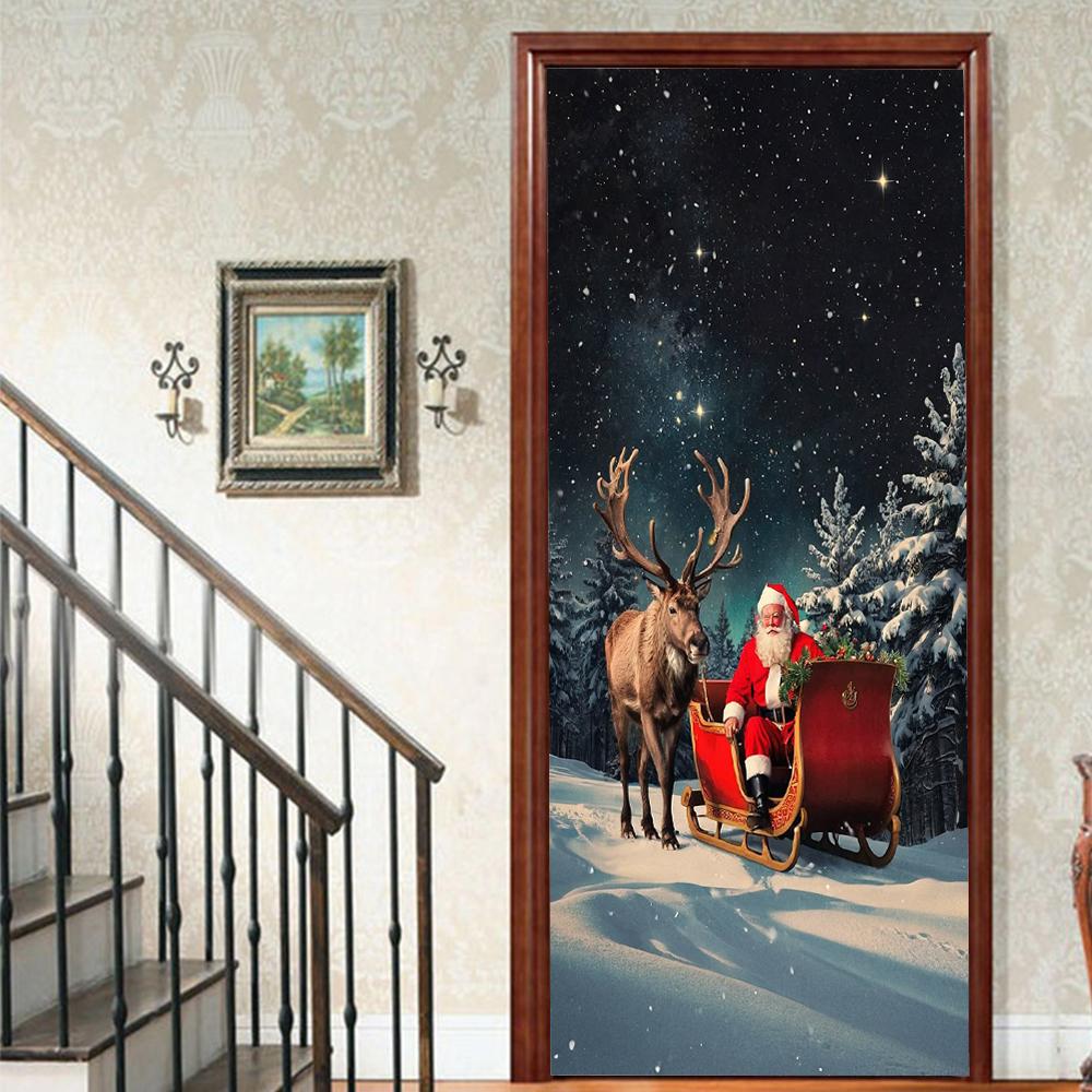 Christmas Santa Claus PVC Self-Adhesive Waterproof Door Sticker Modern Simulation Door Mural Wallpaper Living Room Study Home Decor Art Door Poster