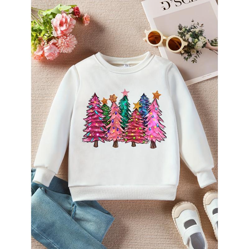 European sizes Kids   Fashion Sweatshirt Christmas Element Christmas Tree Print Loose Casual Long Sleeve Sweater Thin Round Neck Top 110