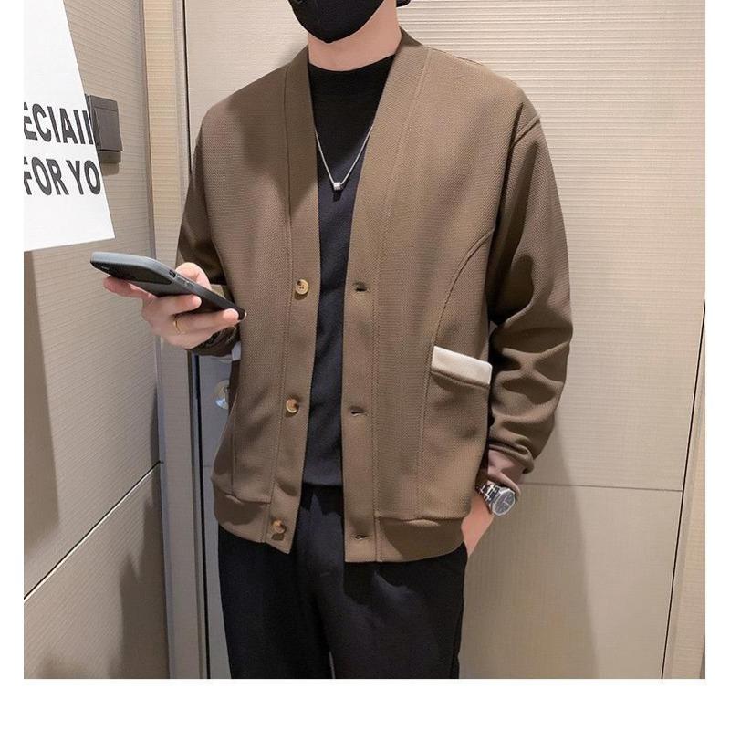 Autumn Winter Solid Color Long-sleeved V-neck Cardigan Sweater Men's Knitted Fashion Casual Loose Jacket