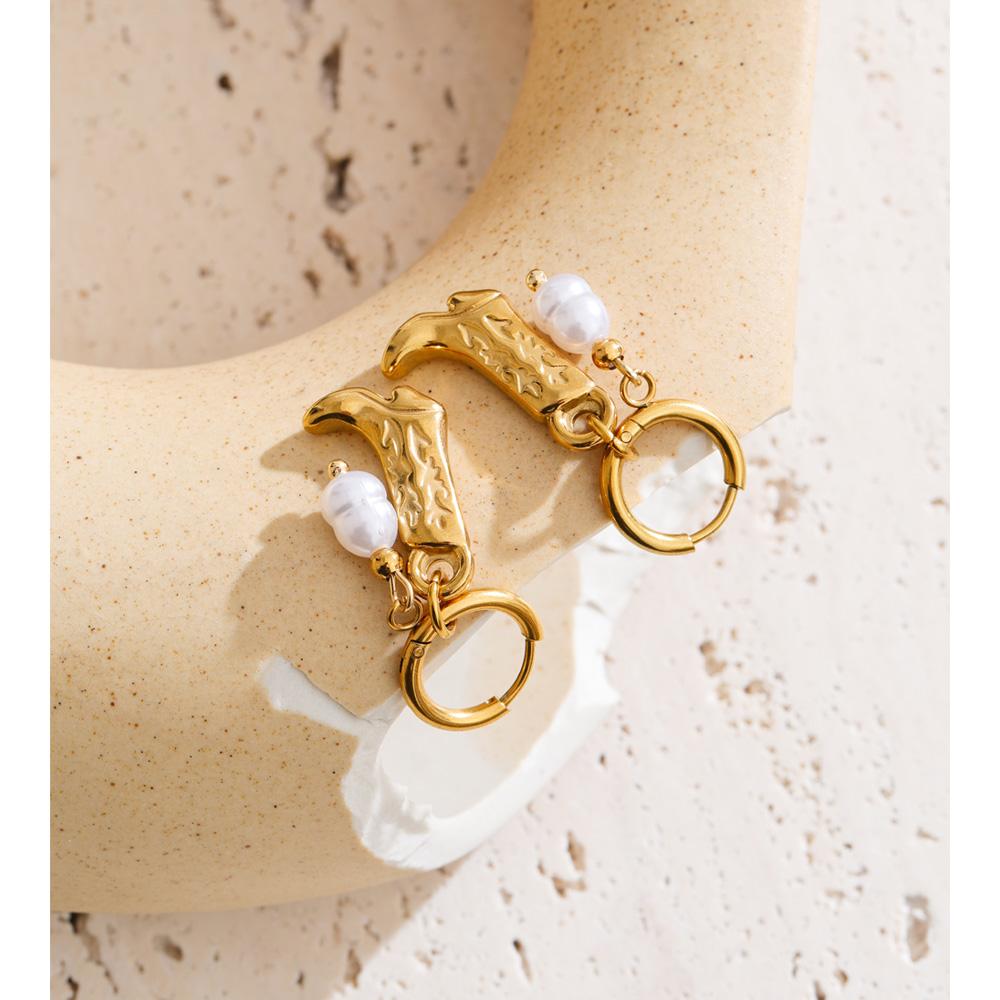 Yhpup Stylish Stainless Steel Boots Shoes Natural Pearls Drop Hoop Earrings for Women Daily Chic Charm Trendy Jewelry Wholesale