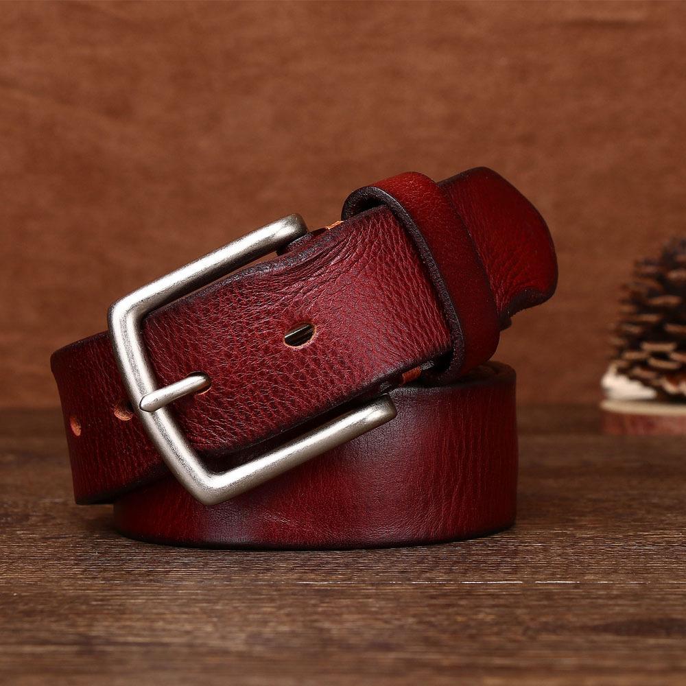 

Ремень мужской из натуральной коровьей кожи, персонализированный металлический ретро-ремень с пряжкой, первый слой коровьей кожи, повседневный ремень 125cm бордовый