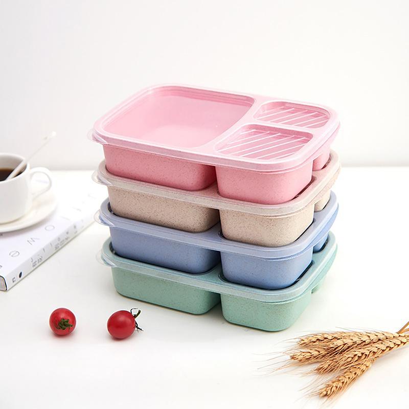 Lunch Box in Paglia di Grano a Tre Scomparti, Stoviglie Microwave, Contenitore Cibo Frutta, Lunch Box da Picnic, Scuola, Ufficio, Bento Portatile