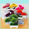 Miniature Bonsai Pine Tree With Faux Flowers For Office Desk And Indoor Garden Display