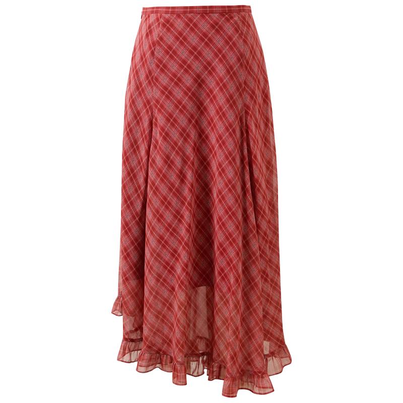 

SanCai 2026 Summer High-Waist A-Line Plaid Ruffle Chiffon Mid-Length Skirt S