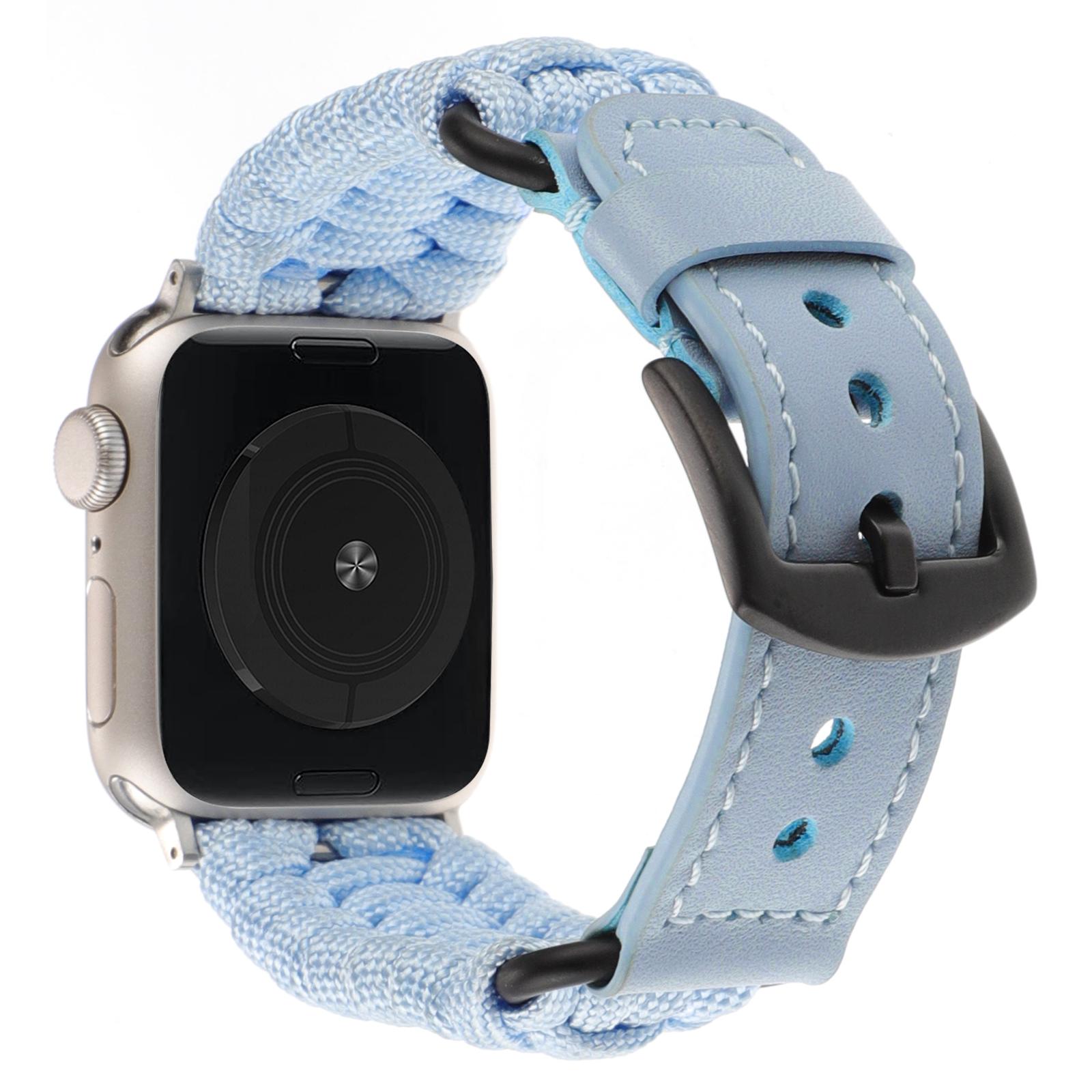 

For Apple Watch Series 10 42mm/9 8 7 41mm/SE (2023) SE (2022) SE 6 5 4 40mm/3 2 1 38mm Braided Rope+Genuine Cow Leather Strap Baby Blue