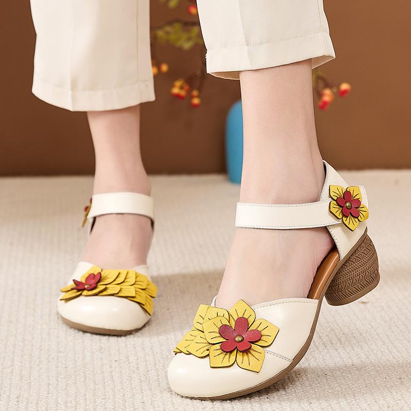 GKTINOO 2025 Ethnic Style Comfortable High Heels Women Summer Sandals Flower Genuine Leather Mom Women's Shoes Non-slip