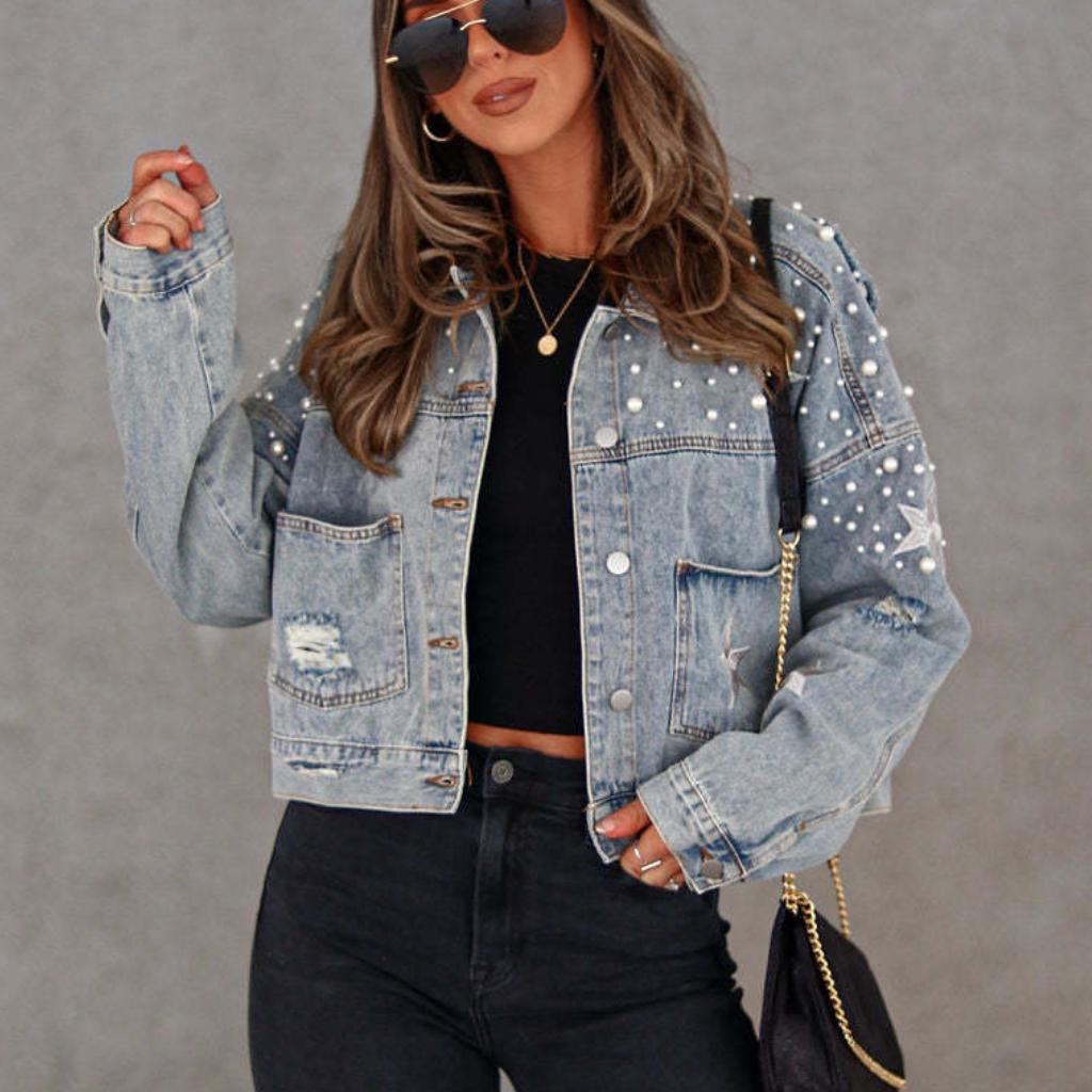 

IHUASU Модная женская свободная джинсовая куртка с бусинами из тяжелой промышленности XL