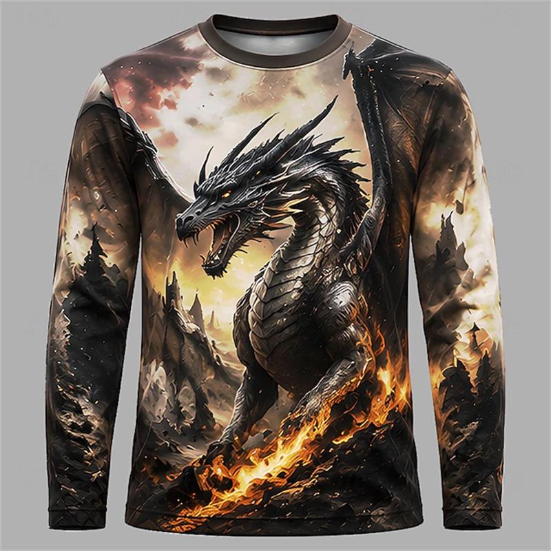 Men's Gothic Dragon Long-Sleeve T-Shirt Fashionable Casual Round-Neck Top Loose-Fitting and Breathable Men's Long-Sleeve Shirt