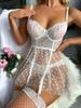 White Lace Mesh Transparent Mini Dress with Thongs Garter Set Women Sexy Lingerie Erotic Underwear Teddy Babydoll Porn Suit