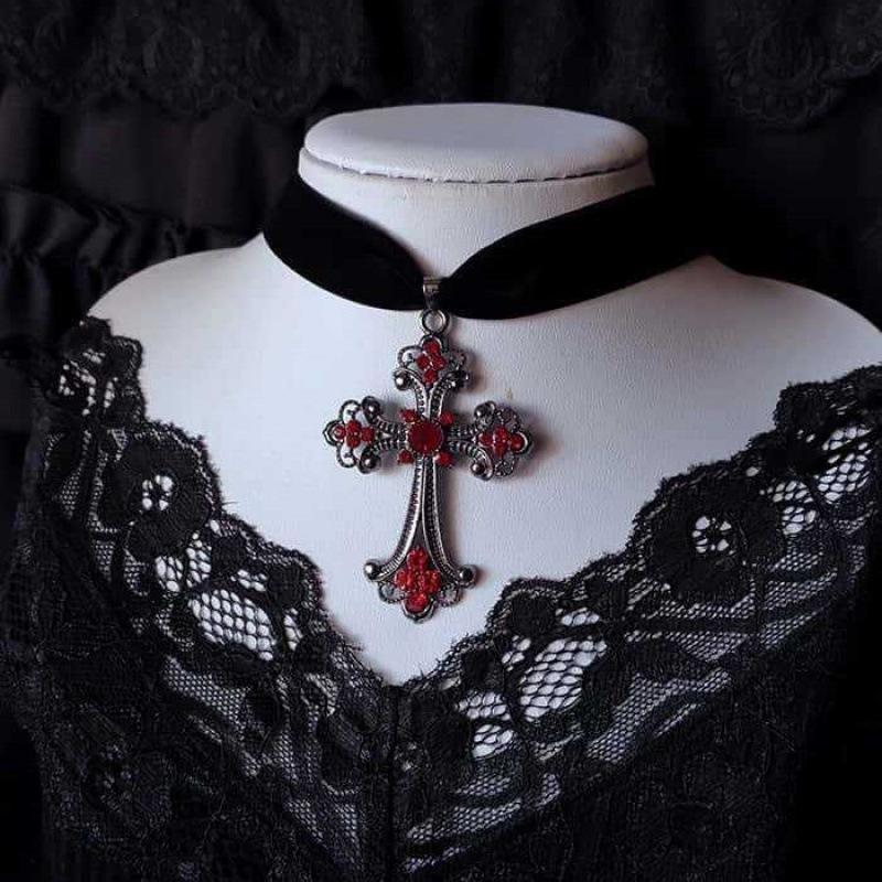 Viktorianisches Gotisches Tränenkreuz Samt-Choker-Halskette