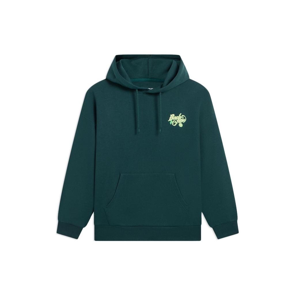 Li-Ning Solid Color Back Print Pattern Long Sleeve Hoodie Unisex Tops Dark-Green AWDS657-5