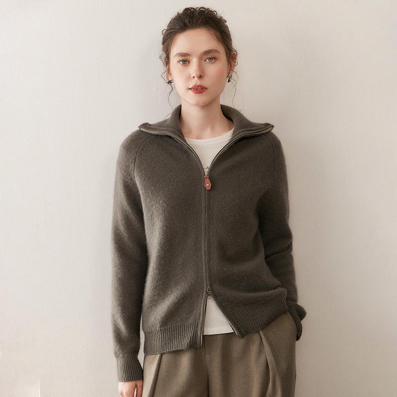 Women's High Neck Cashmere Cardigan – Solid Color, Loose Fit, Zipper, Autumn/Winter Collection, Thick Knit Outerwear.