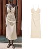 Summer Women's Pleated Decoration V Neck Sleeveless Open Design Vacation Style Midi Skirt Dress 2298087