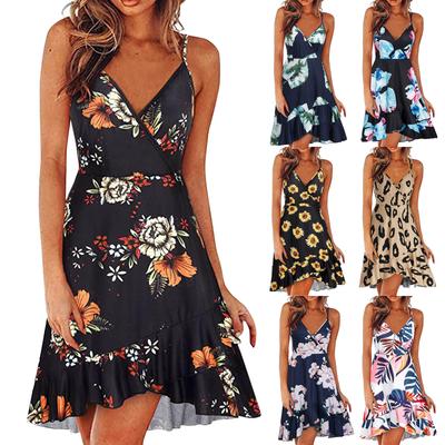 Women Casual Print V-Neck Sleeveless Sling Dress