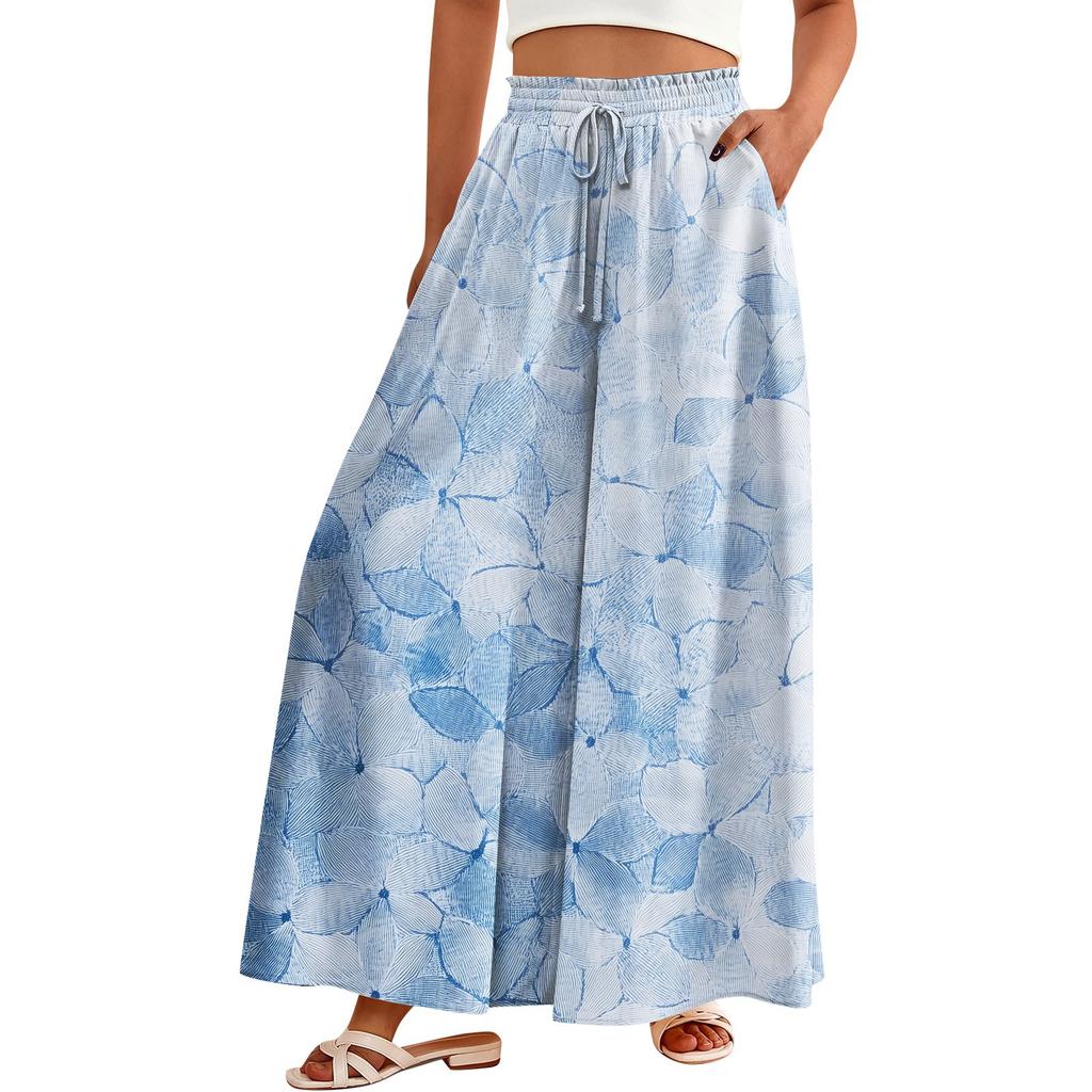 Women's Palazzo Pants Boho Floral Wide Leg Trousers Summer Beach High Waisted Flowy Pants With Pockets
