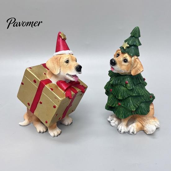 Resin Pet Decorations Christmas Dog Figurine, Puppy Statue in Tree & Gift Unique Themed Presents Box Costume, Festive Desktop Mantel Decor,