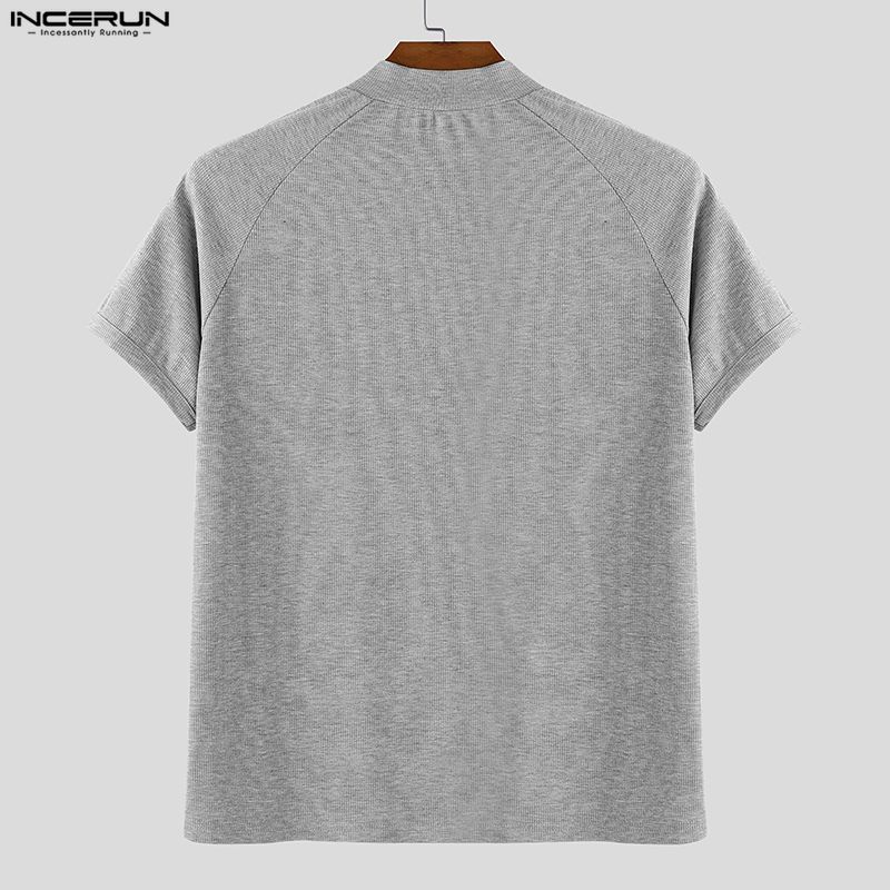 INCERUN Men Zip-up Turtleneck Short Sleeve Rib Fitted T-Shirts Tops