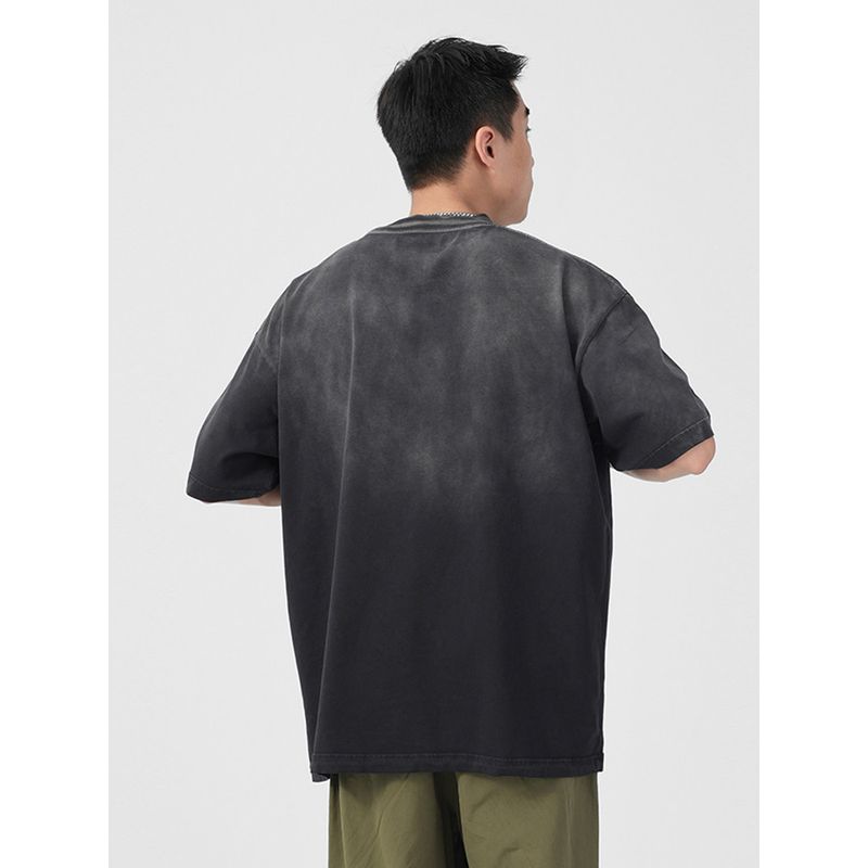 Wassup Heods Gradient Washed Heavy Letter Short-Sleeve T-Shirt for Men, Summer Loose American Style Couple's Top