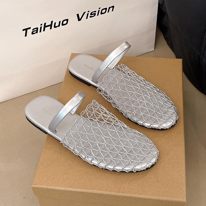 Soft Bottom One Pedal Two Wear Mesh Hollowed Out Bag Head Half Slippers Women's Outer Wear 2025 with Skirt Mary Jane Sandals Tide