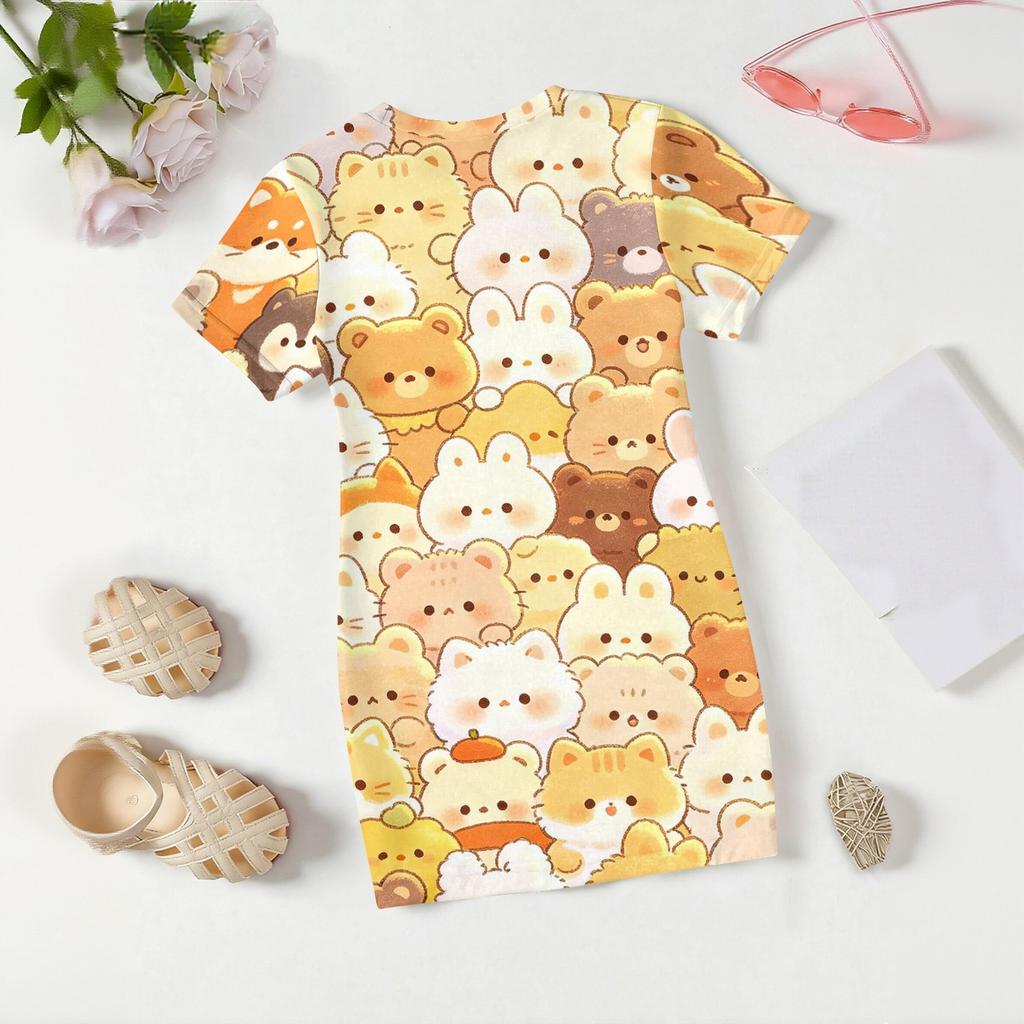 Girls Loose Fit Short Sleeve Dress Lightweight Round Neck Casual Animal Print Summer Dress for Children Comfortable Daily Wear