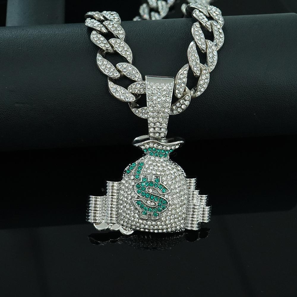 Popular diamond-encrusted money bag pendant, new alloy necklace, daily casual wear, personalized hip-hop Cuban chain.