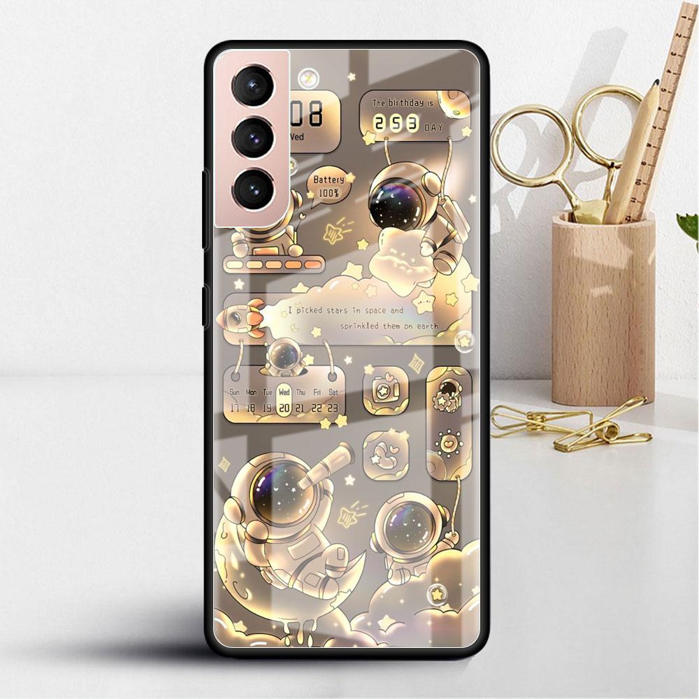 Glashülle für Samsung Galaxy S22 S20 FE S21 5G S10 S9 Plus Note 10 20 Lite gehärtete Telefonabdeckung Astronaut Cartoon