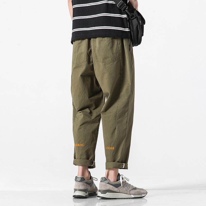 

Cotton Casual Summer Pants with Belt Men Straight Baggy Ankle-Length Cargo Trousers Wide Leg Sweatpants Male Streetwear XS зелений