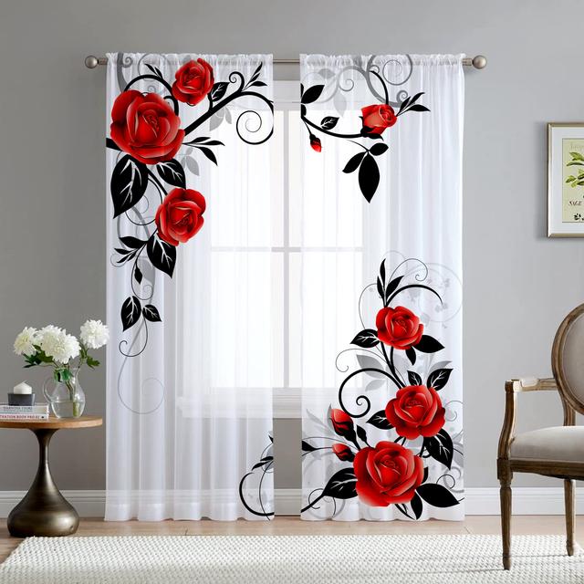 

Романтична троянда Квіткові жовті квіти Прозора вуаль Штора для вітальні Домашня кухня Зелене листя Метелик Вікно Тюль Штора 1 PCS W100XH250cm