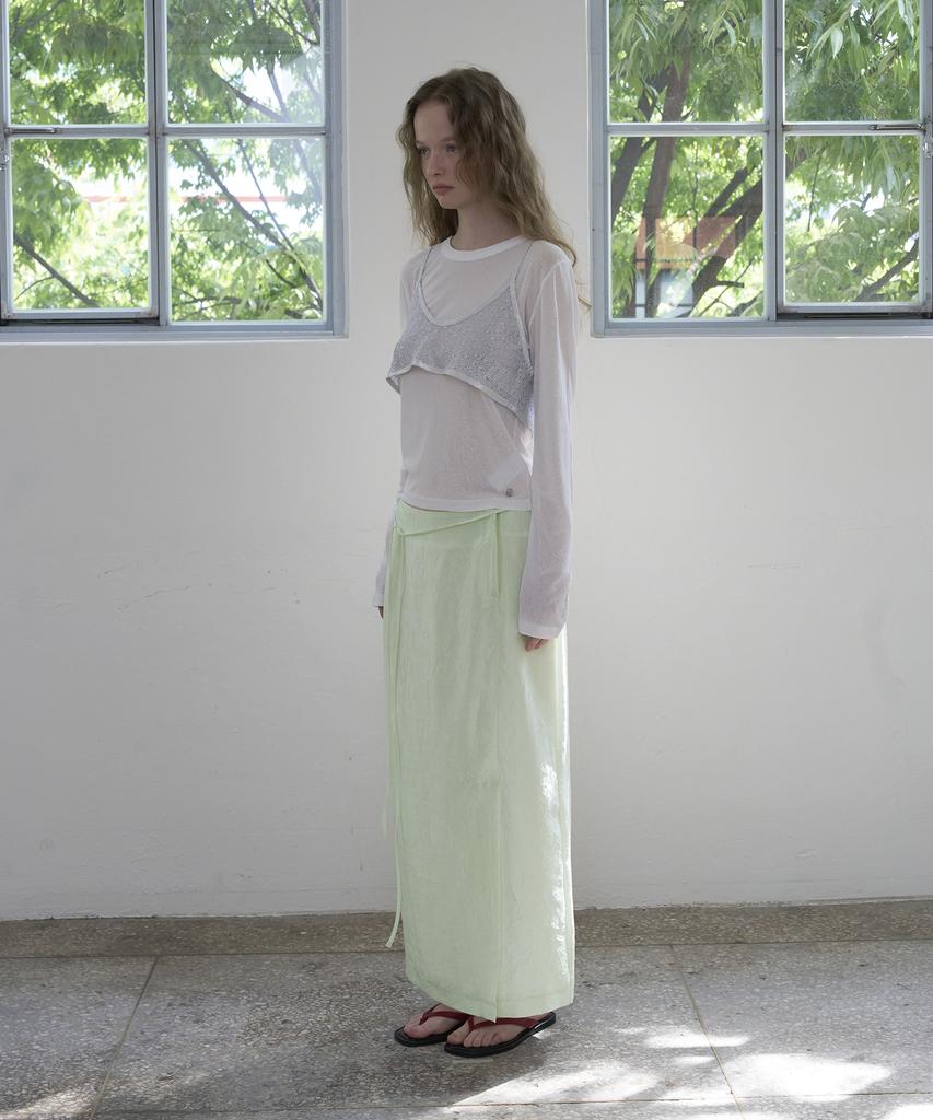 Mosyupamosyu Wrinkle Maxi Low-Rise Slit Skirt [Light Mint]