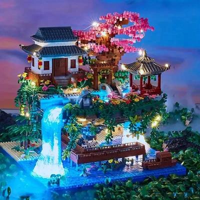 MOC Pfirsichblütenbecken Kirschblütenbaumhaus Bausteine Chinesische Architektur DIY Steine Kirschblüten Spielzeug für Kinder Erwachsenen Geschenk