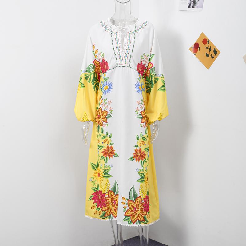 Print Linen Dress Plus Size Women Elegant Loose Lace Up V Neck Vintage Oil Painting Dress Summer Long Sleeves New Fashion High Waist Pastoral Style