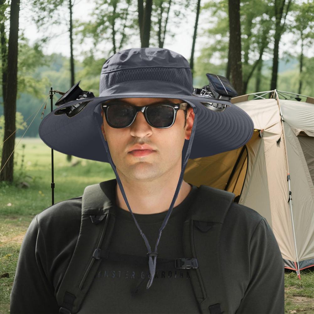 Outdoor Wide Brim Sun Hat with Solar/Charging Fan Outdoor Drawstring Fishing Hat Waterproof for Outdoor Riding Hiking Fishing