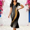 Women Plus Size V Neck Short Sleeve Printed Black Pink Fitted Fishtail Dress