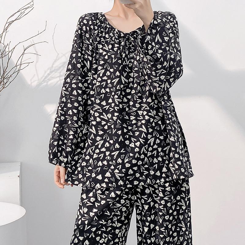 Cotton silk pajamas women's spring summer thin long-sleeved trousers floral round neck cotton pullover breathable loungewear set autumn