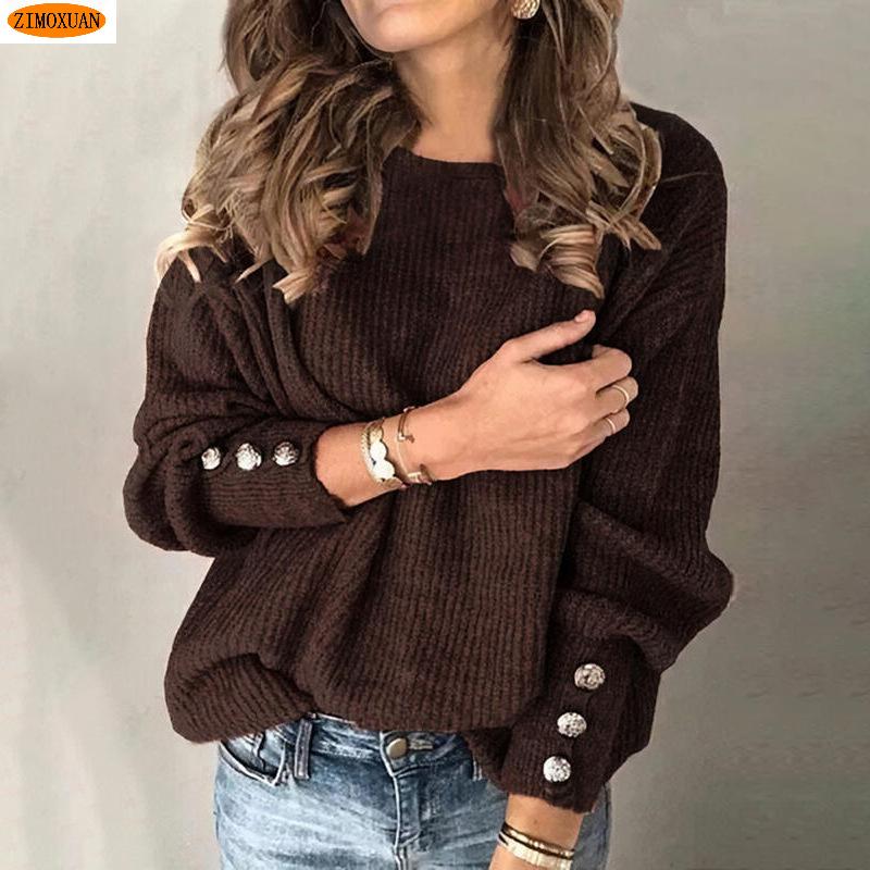 New Arrival Buttoned Women's Knit Sweater Loose Round Neck Casual Pullover