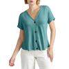 Women Fashion Short Sleeve V Neck Solid Button Down Casual T Shirt