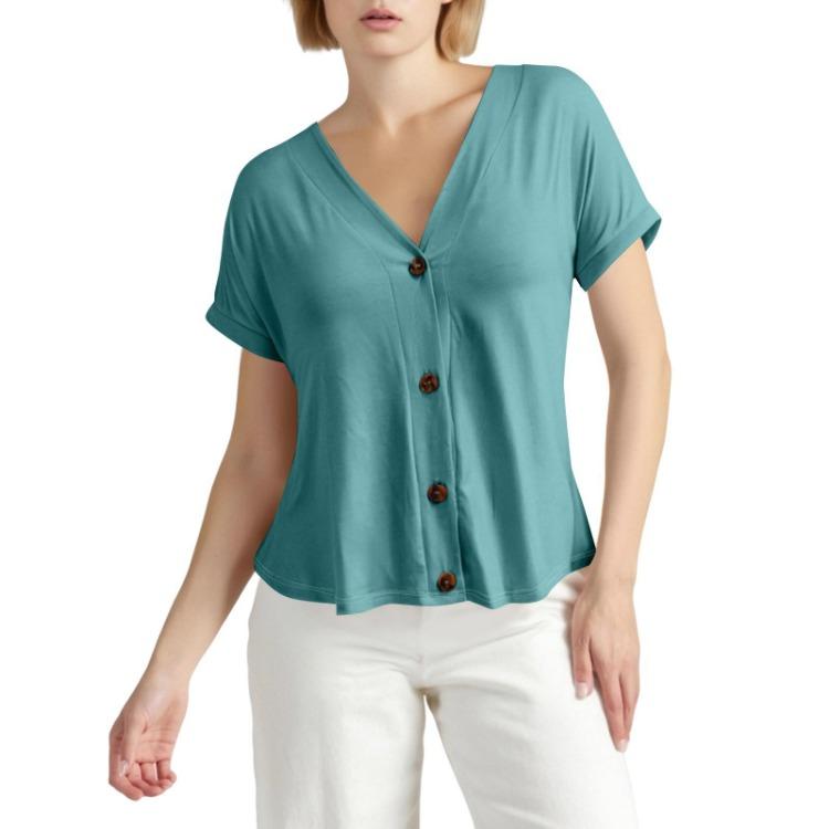 Women Fashion Short Sleeve V Neck Solid Button Down Casual T Shirt