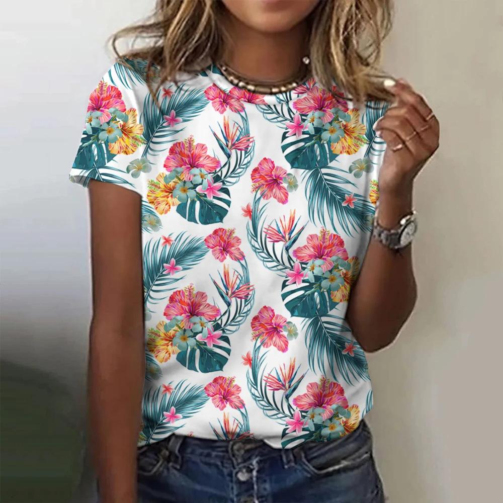 Colorful Floral Pattern 3D Digital Printing Women's Comfortable Round Neck Short Sleeved T-shirt