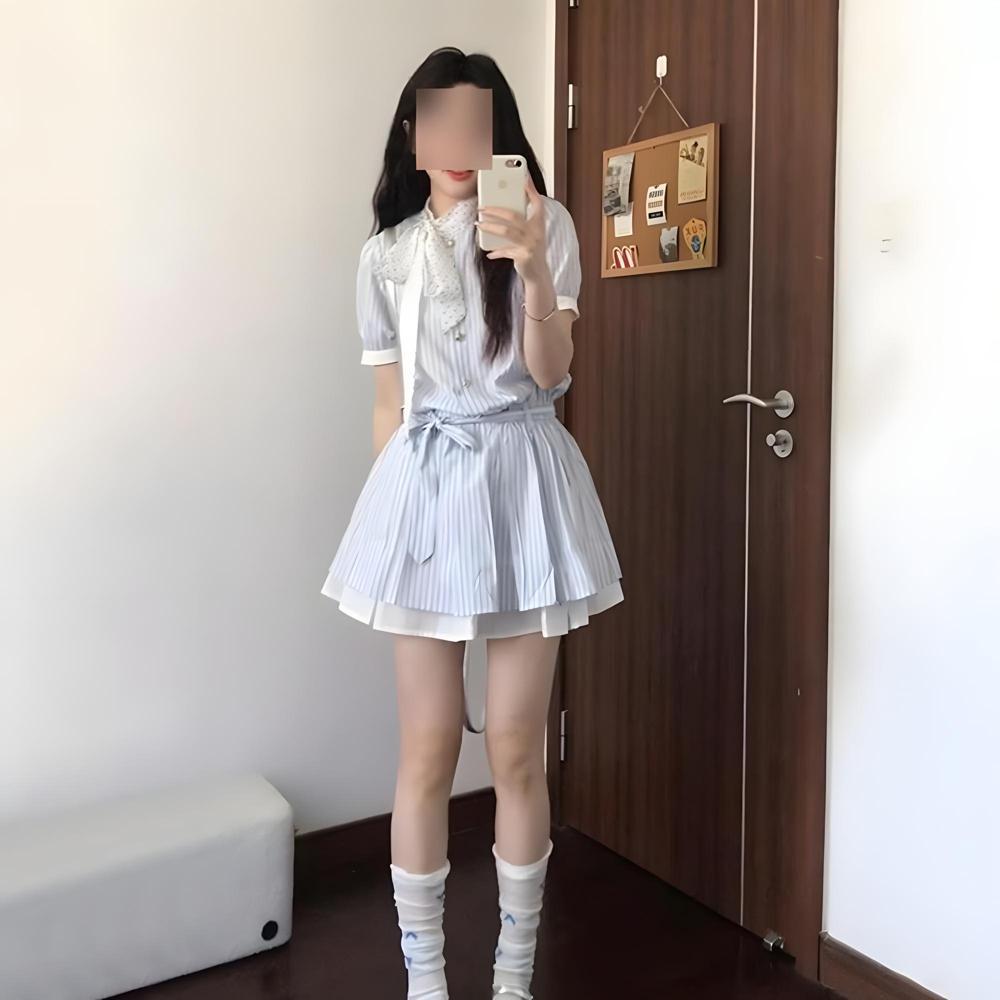 New Striped Shirt Bubble Sleeve Dress Versatile Women's Summer Korean College Style Design Waist Short Skirt