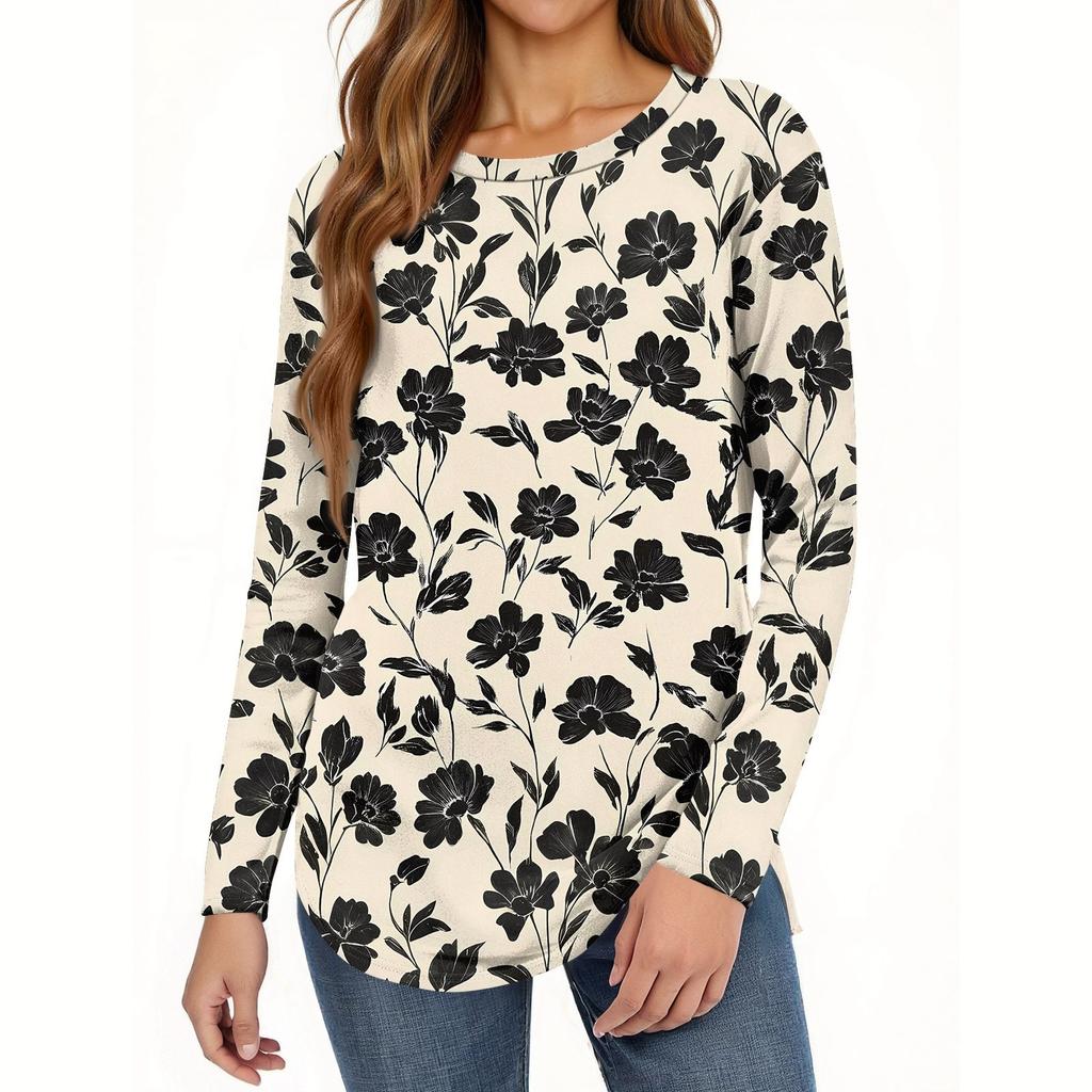 Women's Loose Round Neck Print Long Sleeve T-Shirt Top Pullover