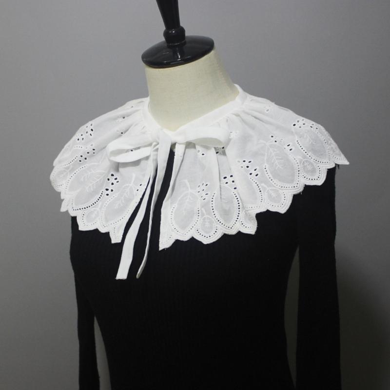 Fashion White Detachable False Collar Ruffle Shawl Wrap Women Elegant Hollow Out Embroidery Leaves Decorative Capelet