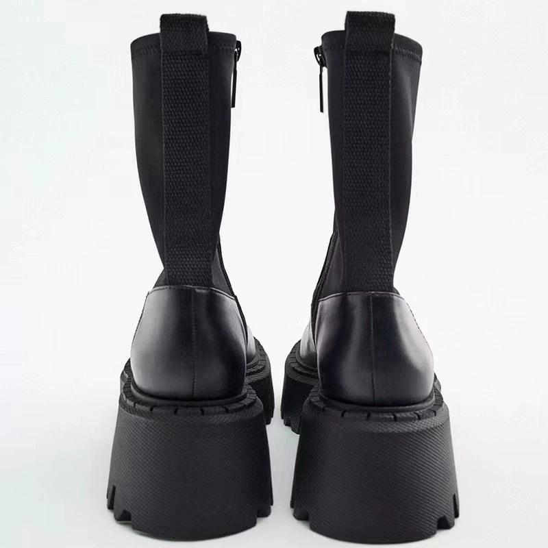 Black Chunky Platform Ankle Boots Elastic Sock Design Round Toe Side Zipper Thick Lug Sole Women'S Edgy Goth Style Footwear