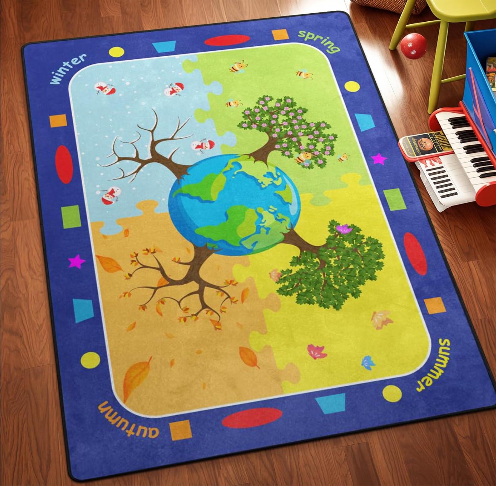 

Kids Educational Play Rug with Four Seasons Earth Tree Design Non Slip Floor Carpet for Toddler Bedroom Playroom Living Room 40X60cm