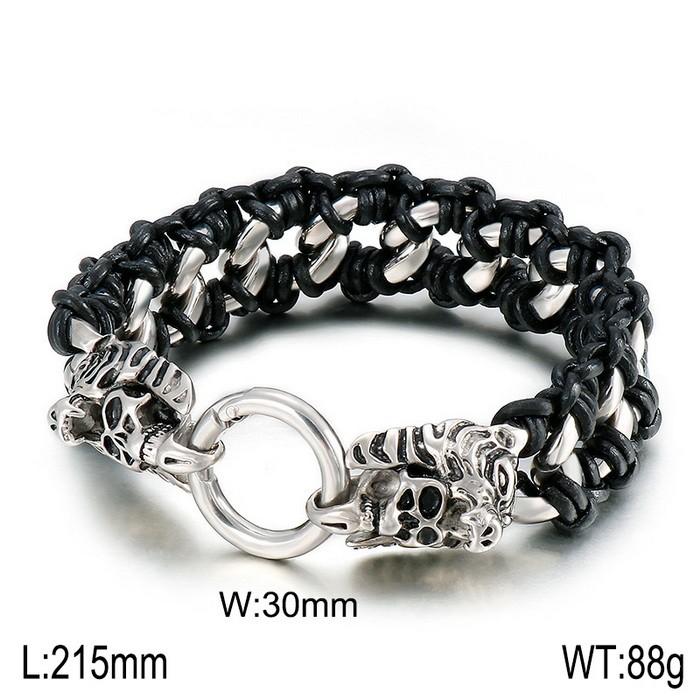 KALEN Punk Fine Jewelry Fashion Bracelets Men Stainless Steel Micro Fiber Leather Skull Links Bracelet Bangle