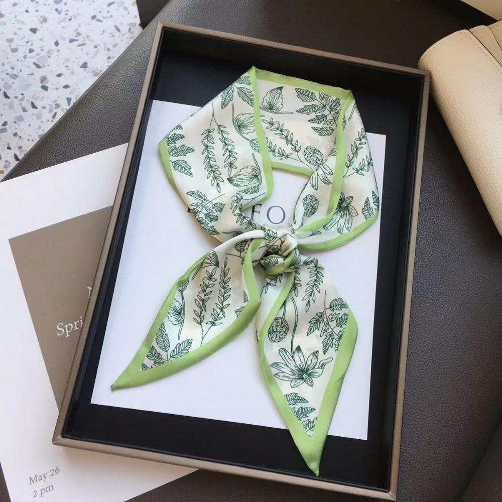 Luxury Skinny Silk Satin Scarf for Women, Versatile Neckerchief Bag Scarf Headband зелёный