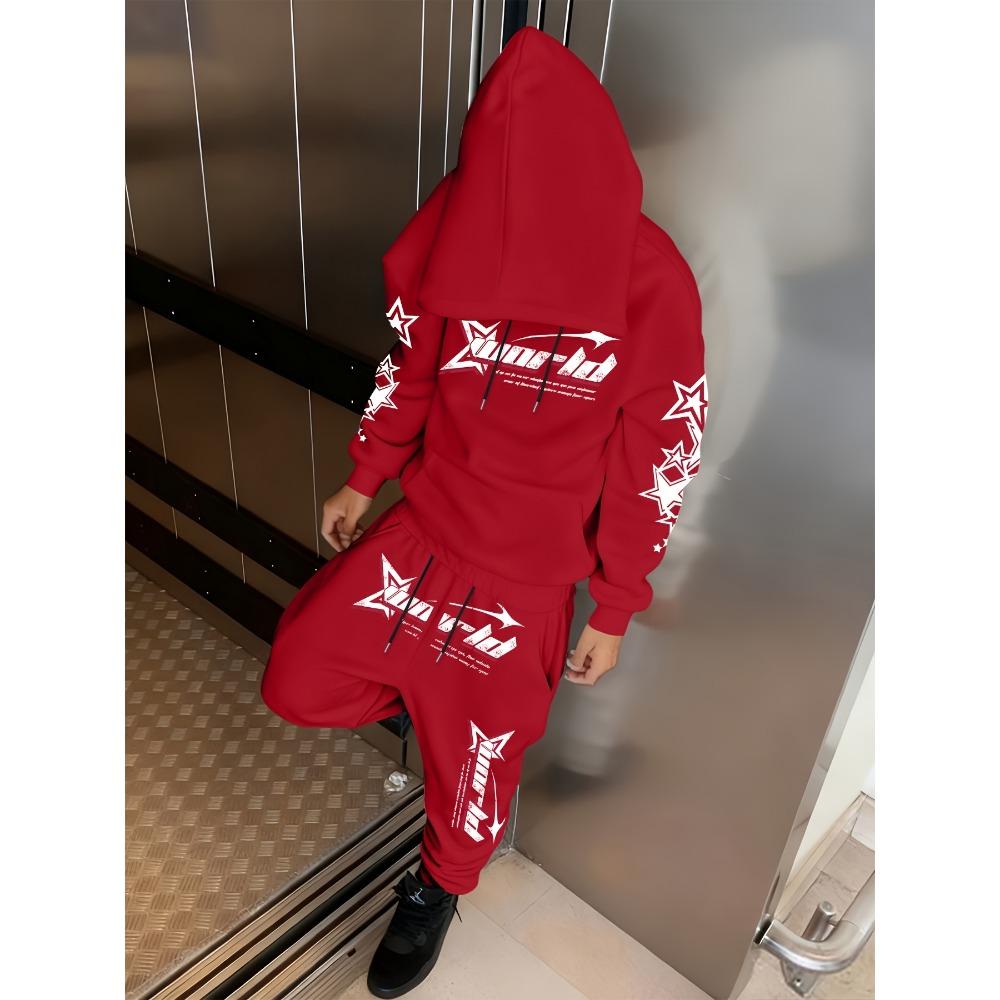 Modny męski dwuczęściowy zestaw casualowy, składający się z bluzy z kapturem na sznurki z nadrukiem oraz pasujących spodni dresowych na sznurki, fajny i modny zestaw