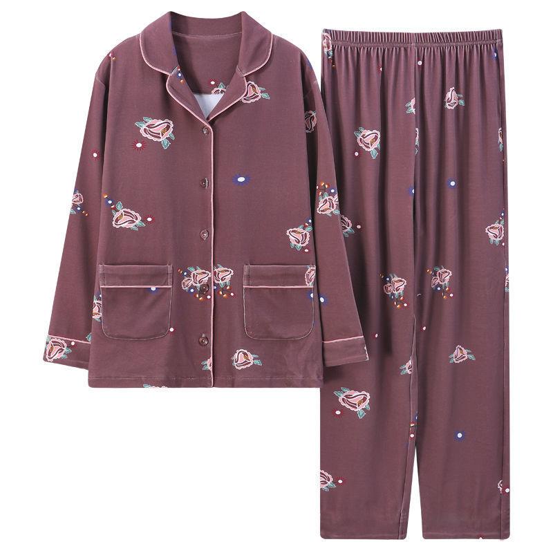 In the Elderly Pure Cotton Pajamas Women's Spring and Autumn Long-sleeved Middle-aged Mother Large Size Cardigan Set Old Lady Loungewear
