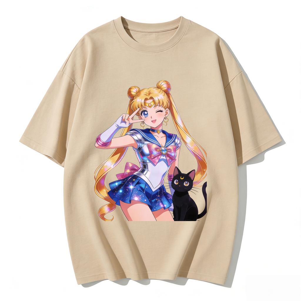 Summer  Hot Sailor Moon Tsukino Usagi  Luna Cat T-shirt Print Casual Tee Parent-child Matching Tops Versatile